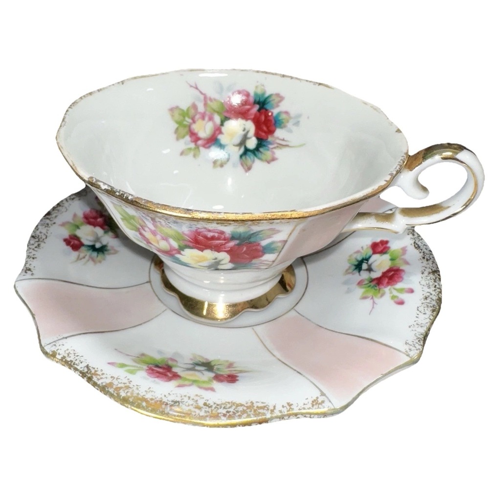 Vintage Romantic Rose Pink Paneled Tea Cup & Saucer Cottagecore Grandmillennial